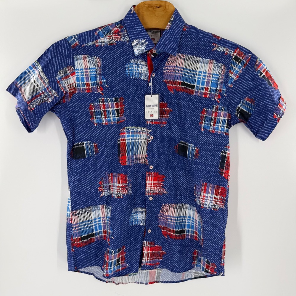 Ricardo Martinez London Mens XL Slim Fit Blue Patchwork Plaid Cotton Shirt NWT